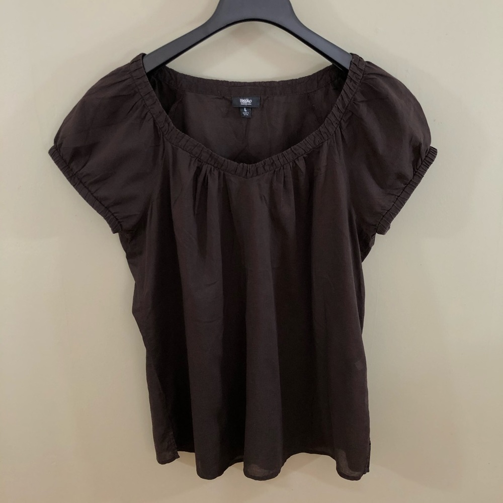 Brown Cotton Top with Short Puff Sleeves - L